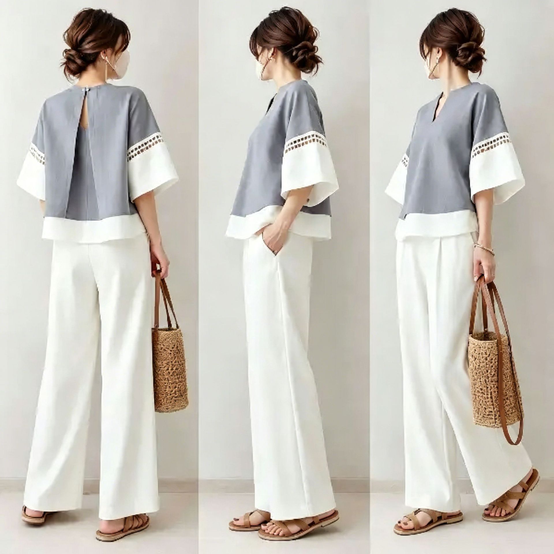 Robe Silk Women - ชุดเซ็ตสองชิ้นใหม่ปี 2026: เสื้อคอวีสีตัดต่อแบบโปร่ง แขน 5/4 และกางเกงขายาวทรงกว้าง