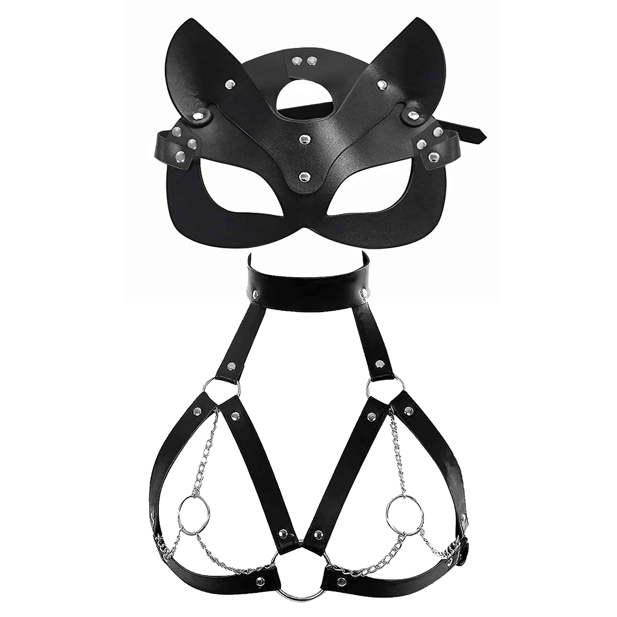 Garter Belt Set - หน้ากากหนัง PU สำหรับผู้หญิง สไตล์เซ็กซี่ ปรับขนาดได้ เหมาะสำหรับงานคอสเพลย์