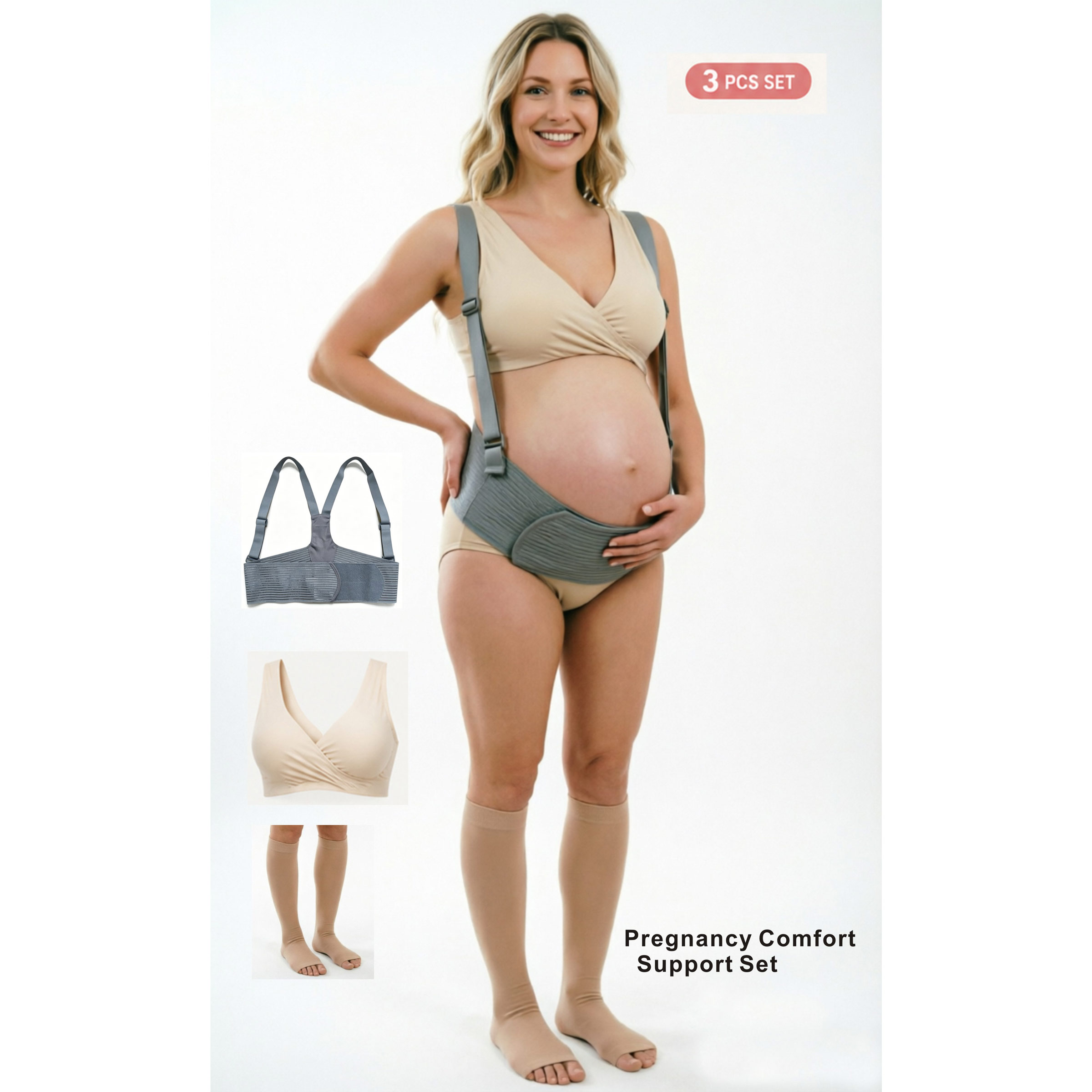 Nursing Bra Sleep - ชุดอุปกรณ์จำเป็นสำหรับคุณแม่ 3 ชิ้น: เข็มขัดพยุงหน้าท้อง + ถุงเท้ารัดกล้ามเนื้อแบบเปิดนิ้วเท้า